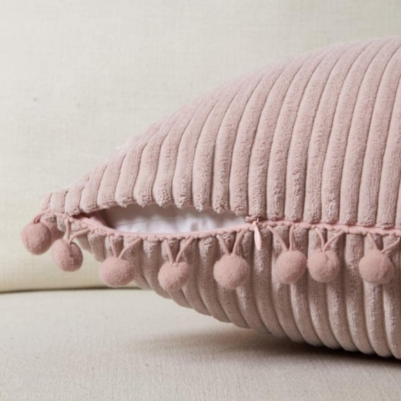 Set of 2 Petal Pink Corduroy Velvet Pom Pom Throw Pillow Covers Pillows 18" New - Picture 4 of 7